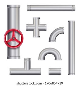 Metallic pipes, plumbing fittings. Water, fuel or gas supply system, oil refinery industry pipeline. 3d realistic vector illustration set.