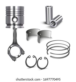 Metallic piston for engine. Spare parts. Details of an auto engine. Car motor repair parts. Vector illustration.