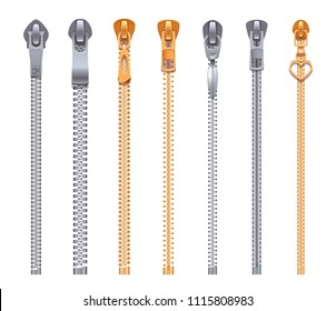 Metallic and plastic zipper collection with different form of pullers realistic set isolated on white background