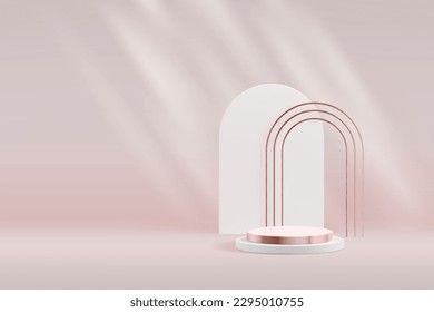 Metallic product podium background with tripple pink gold and white arch. Premium abstract vector showcase template.