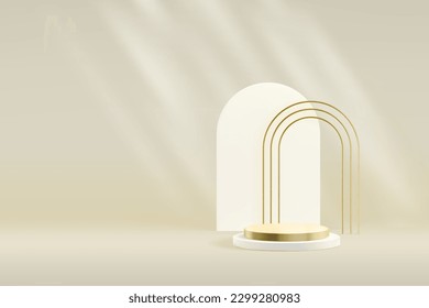 Metallic product podium background with tripple golden and white arch. Premium abstract vector presentation template.