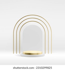 Metallic product podium background with tripple golden and white arch. Premium abstract vector presentation template