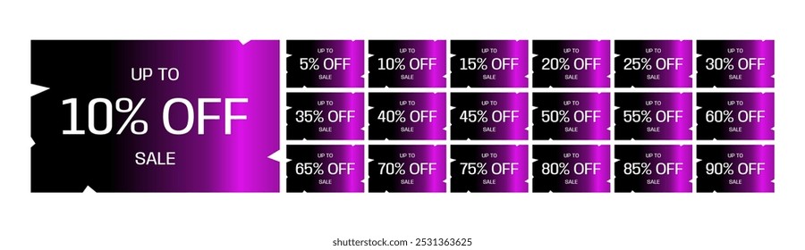 Metallic purple discount ticket set. Up to 5, 10, 15, 20, 25, 30, 35, 40, 45, 50, 55, 60, 65, 70, 75, 80, 85, 90 percent off. Sale.