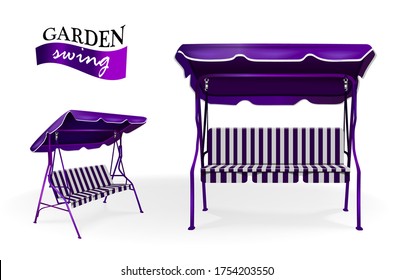 Metallic purple garden swing with canopy on white background vector template. Camping and garden summer furniture
