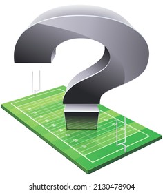 Metallic question mark resting on an american football field on a white background (cut out)