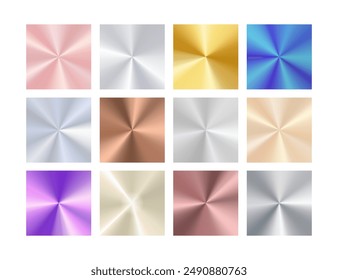 Metallic radial conical gradients set. Various metals and alloys square backgrounds.