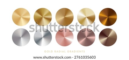 Metallic radial gradient circles set in gold, silver, rose gold, bronze. Glossy foil texture. Shiny brushed metal effect. Smooth light reflections. Premium abstract vector elements for luxury design