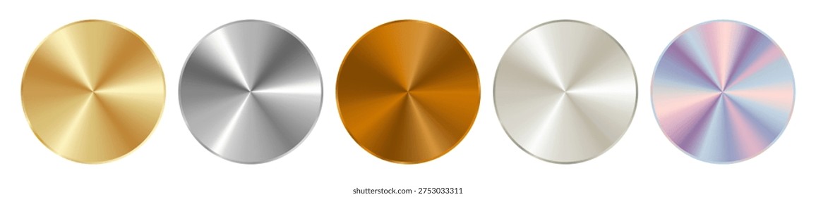 Metallic radial gradient set combining shades of silver, gold, mother-of-pearl, bronze and aluminum with chrome highlights, holographic effect and steel. Vector smooth glossy texture