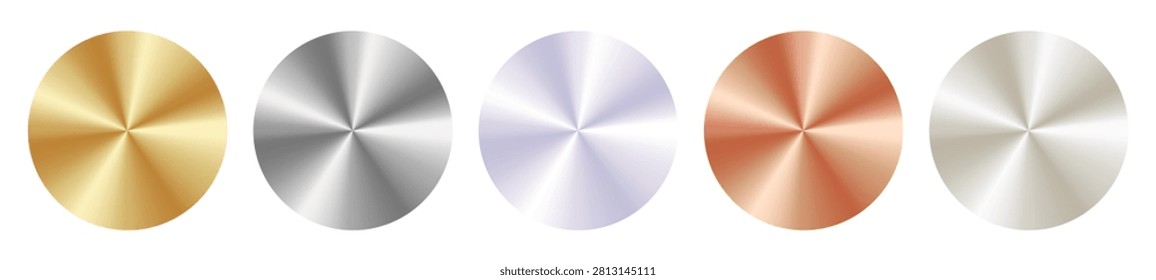 Metallic radial gradient set combining shades of silver, gold, mother-of-pearl, bronze and aluminum with chrome highlights, holographic effect and steel. Vector smooth glossy texture	
