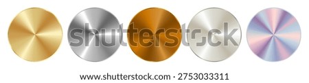 Metallic radial gradient set combining shades of silver, gold, mother-of-pearl, bronze and aluminum with chrome highlights, holographic effect and steel. Vector smooth glossy texture