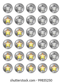 Metallic rating star buttons on white with reflection. Eps 10 Vector.
