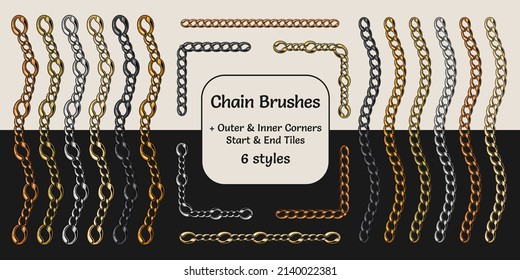 Metallic realistic chain pattern brushes with corners, end and start tiles in vintage style. Gold, silver, bronze, brass and black versions. Isolated on white and black background.