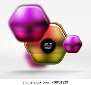 Metallic realistic texture on 3d hexagons, vector digital backdrop. Abstract background futuristic techno template