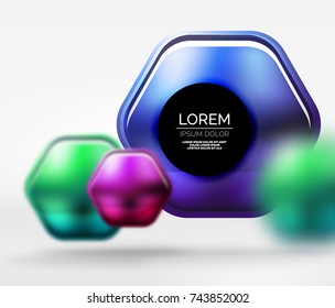 Metallic realistic texture on 3d hexagons, vector digital backdrop. Abstract background futuristic techno template