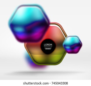 Metallic realistic texture on 3d hexagons, vector digital backdrop. Abstract background futuristic techno template
