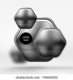 Textura metálica realista sobre hexágonos 3d, fondo digital vectorial. Resumen de fondo plantilla de tecnología futurista