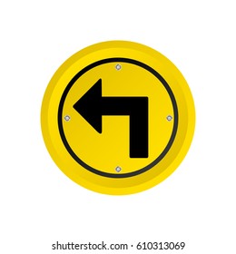 metallic realistic yellow circular frame turn left traffic sign vector illustration