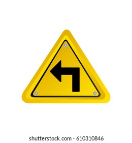 metallic realistic yellow triangle frame turn left traffic sign vector illustration