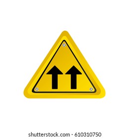 metallic realistic yellow triangle shape frame same direction arrow road traffic sign vector illustration