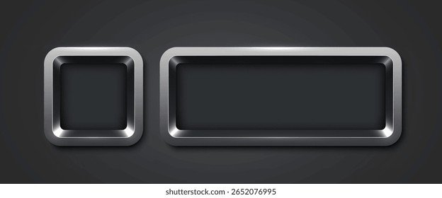 Metallic rectangle button set. Metal design for empty emblem. Glossy metallic frame. 3D realistic vector shiny button