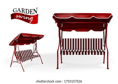 Metallic red garden swing with canopy on white background vector template. Camping and garden summer furniture
