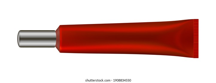 Metallic red tube with long cap. Realistic 3d tube. Vector illustration. Salve or ointment. Concealer or face foundation. Serum packaging. Metal and plastic.