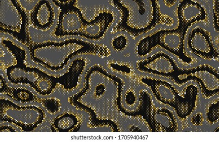 Metallic Repeated Spots Vector Art. Grunge Distress Gold Seamless Halftone Graphic Camouflage. Golden Seamless Artistic Graphic Wallpaper. Seamless Monochrome  Grunge Distress