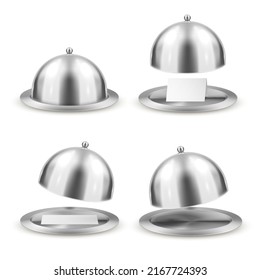 Metallic Restaurant Cloche Empty And With Paper Blank Collection Realistic Template Vector Illustration. Elegant Dining Luxury Equipment Service Chrome Platter With Cover. Dishware Dome Kitchen Lid