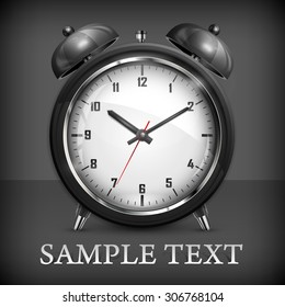 Metallic retro alarm clock on black, vector illustration