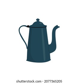 Metallic retro kettle. Blue teapot. Kitchen utensil. Doodle flat style. Isolated vector illustration 