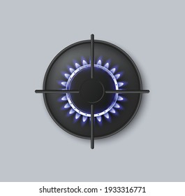 Metallic Ring Hot Gas Burner Of Kitchen Stove, Top View On Blue Burning Flame. Glowing Power And Energy Of Natural Gas. Vector Realistic 3d Isolated Illustration.