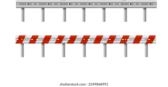 Cerca de barreira rodoviária metálica. Bloqueio de estrada 3d para segurança na estrada. Cerca de barreira rodoviária metálica. Vetor