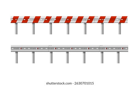 Cerca de barreira rodoviária metálica. Bloqueio de estrada 3d para segurança na estrada. Cerca de barreira rodoviária metálica. Vetor