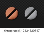 Metallic rose gold and matte silver discs with black diagonal lines, perfect for hardware branding, tech logos, or industrial packaging. Realistic 3D vector with subtle highlights.