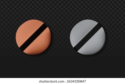 Metallic rose gold and matte silver discs with black diagonal lines, perfect for hardware branding, tech logos, or industrial packaging. Realistic 3D vector with subtle highlights.