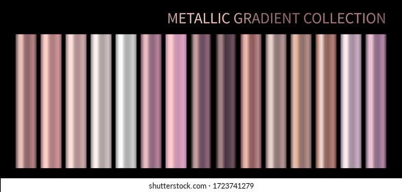 Metallic rose gold vector gradient  bronze  pastel peach pink colorful palette   texture set  Holographic foil pink background swatch template for banner  screen mobile  Chrome color gradient vector