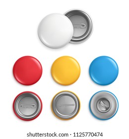 Metallic round badges. Realistic illustrations of blank badges. Vector button badge souvenir, knob round colored collection