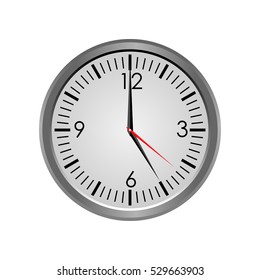 Metallic round clock mockup isolated on white background. Clock showing five o'clock. Vector illustration