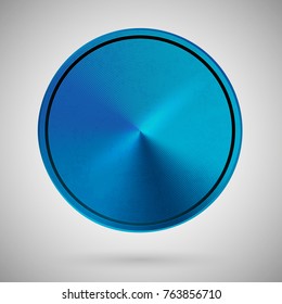 Metallic round template blue color. Metal texture blank circle on light gradient background. Medal mockup for user interface, application, web, rewarding and awards ceremony. Vector illustration.