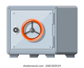 Metallic safe box with closed door for money. Bank vault security, deposit storage, cash safety safebox. Vector illustration in flat style