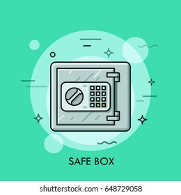 Metallic Safe Box With Closed Door And Buttons Of Electronic Lock Code On It. Money Storage, Safety, Security, Bank Deposit Concept. Vector Illustration For Banner, Poster, Brochure, Website, Print.