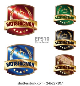 metallic satisfaction shield sticker, badge, icon, stamp, label, banner, sign  isolated on white, vector format