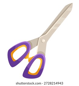 Metallic scissors with vibrant purple and orange plastic handles, shown in flat style on a white background. Concept of cutting tool. Vector illustration