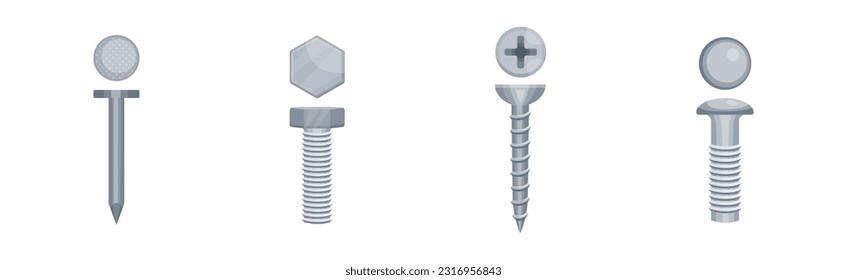 Metallic Screw and Bolt as Fastener with Helical Ridge Vector Set