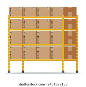 Metallic shelves with carton brown boxes. Goods and container package. Pile cardboard boxes set. Delivery packaging closed box with fragile signs. Vector illustration in flat style