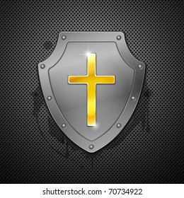Metallic shield with a cross on a metal background.