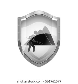 metallic shield of farmer with mattock in the mountain
