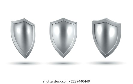 Metallic shield frame award trophy certificate template front side view set 3d icon realistic vector illustration. Silver steel heraldic panel reflection glow honor protect security warrantee defense