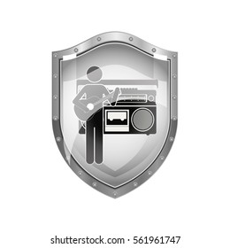 metallic shield of guitar player with casset stereo recorder