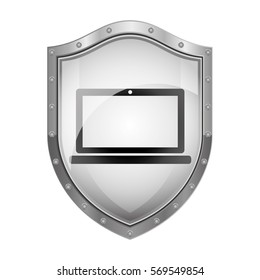 metallic shield with laptop screen with keyboard
